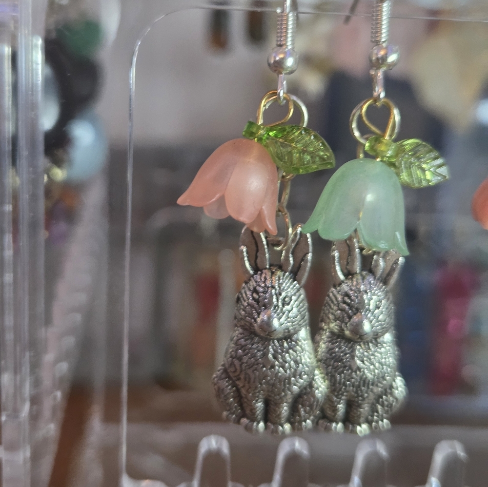 Silver Rabbit Earrings with Pink and Green Floral Accents